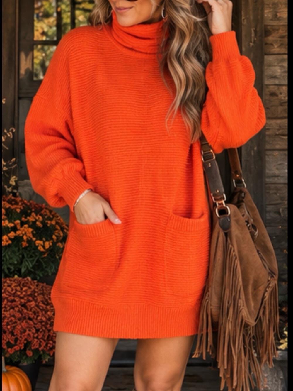 Sideffects Orange Cowl Neck Sweater Tunic Large Ribbed Knit Pockets Oversized